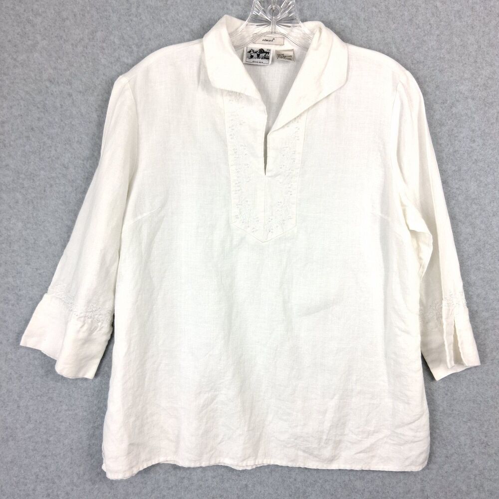 Edward Irish Linen Womens Top Medium Embroidered Beaded Coastal Cottagecore